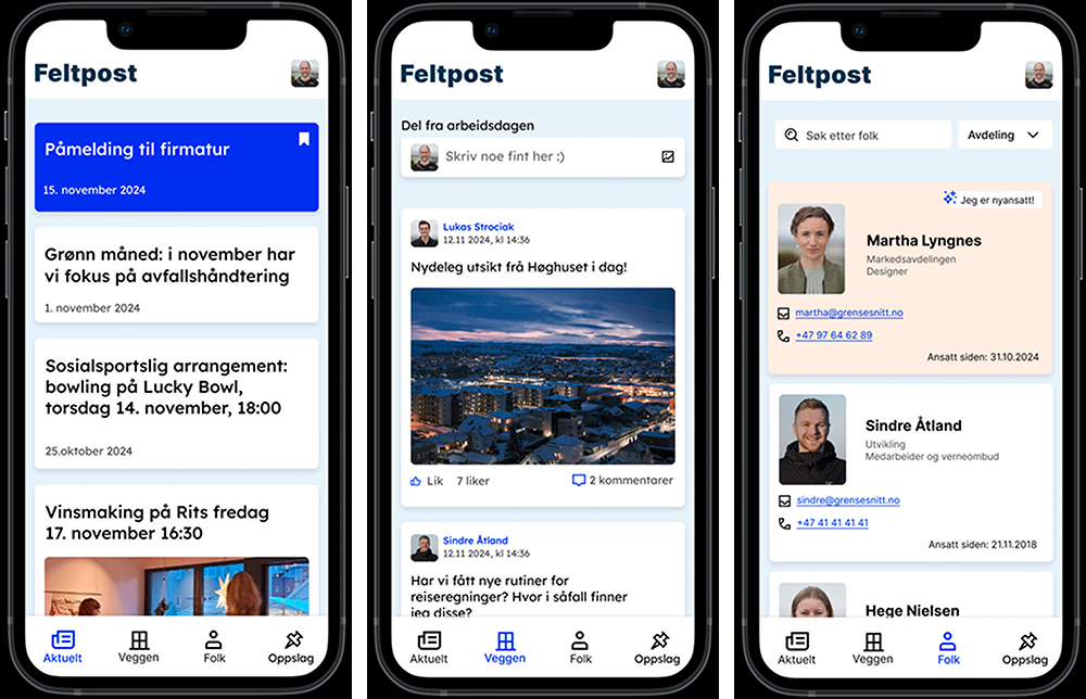 Skjermbilder fra Feltpost-appen