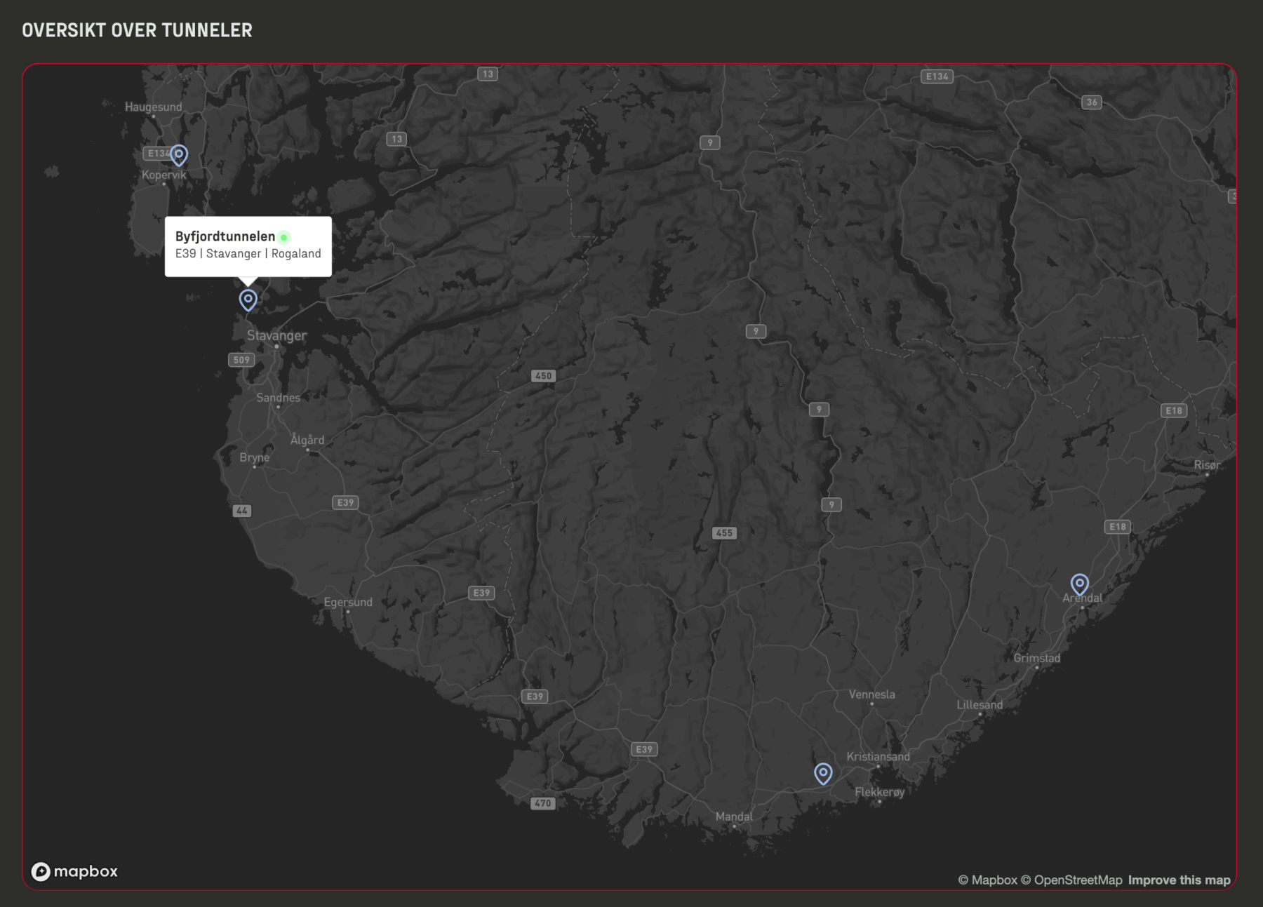 Kart med oversikt over sensorplassering for tunnelar