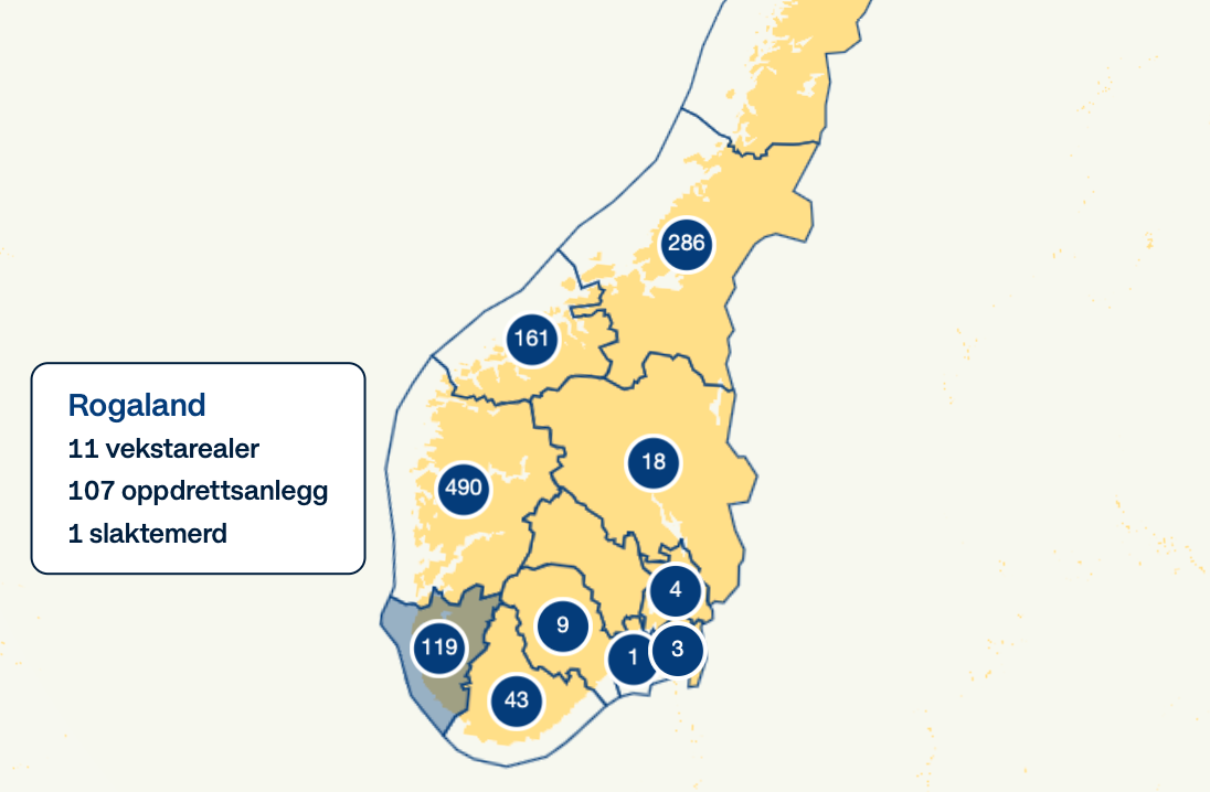 Kartutsnitt som viser oppdrettsanlegg og vekstareal