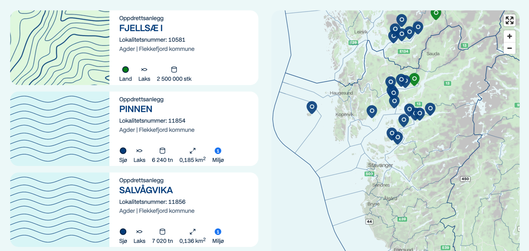 Kart og lokalitetar på Akvaguiden